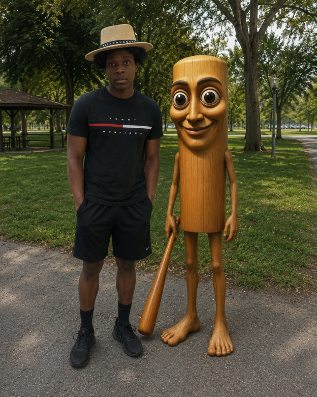 Brandon standing beside Tung Tung Tung Sahur in a park